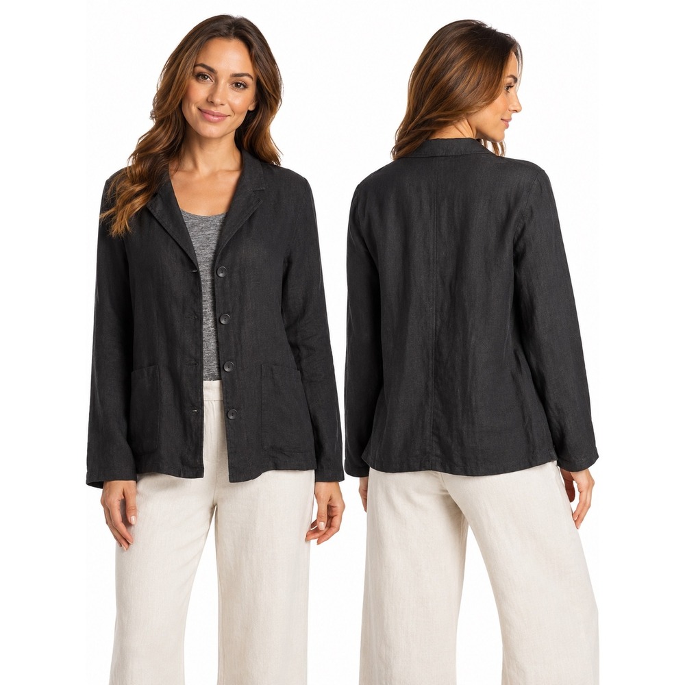 FLAX Button Front 100% Linen Jacket Black Lagenlook Coastal Capsule Women Large